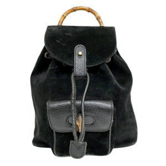 Gucci Bamboo Suede Leather Black Backpack - Picture 1 of 8